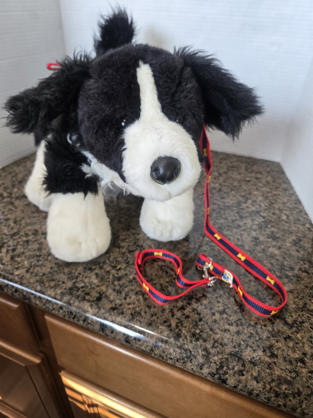 Build A Bear Workshop Black & White Plush Dog Toy with Red Patterned Leash